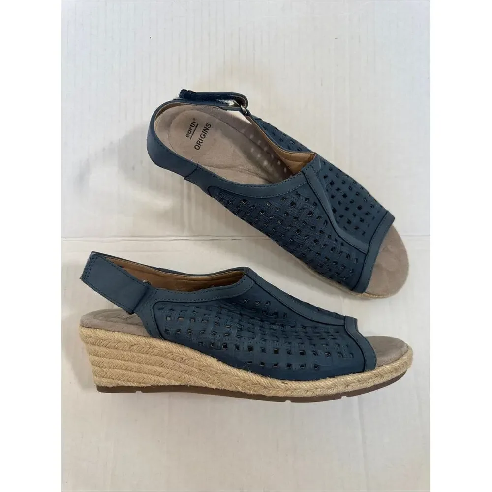 Earth Origins Blue Faux Leather Espadrille Wedges Womens 11 Beachy Sandal Vaca